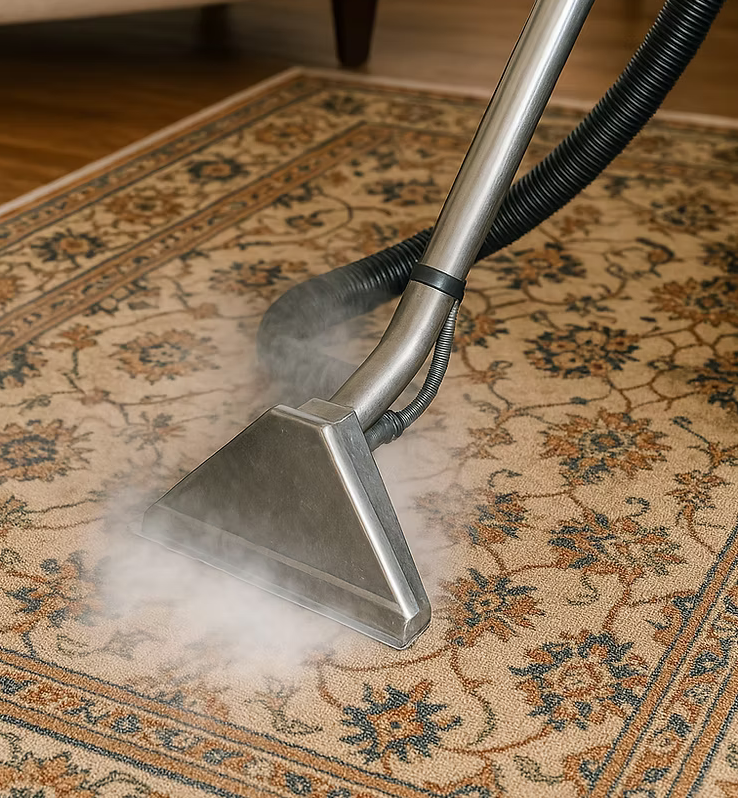 Technicien nettoyant un tapis avec équipement spécialisé